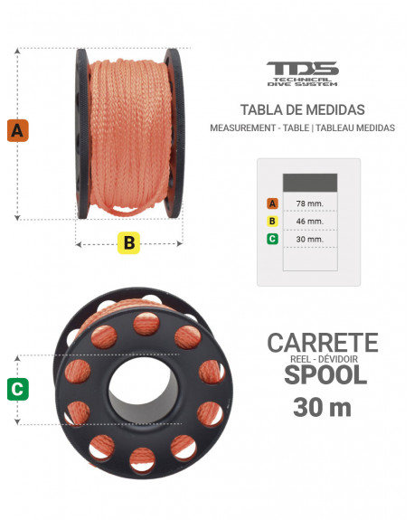 CARRETE TDS SPOOL ALUMINIO NEGRO BUCEO TECNICO 30 M HILO NARANJA