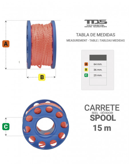 CARRETE TDS SPOOL ALUMINIO AZUL BUCEO TECNICO 30 M HILO NARANJA